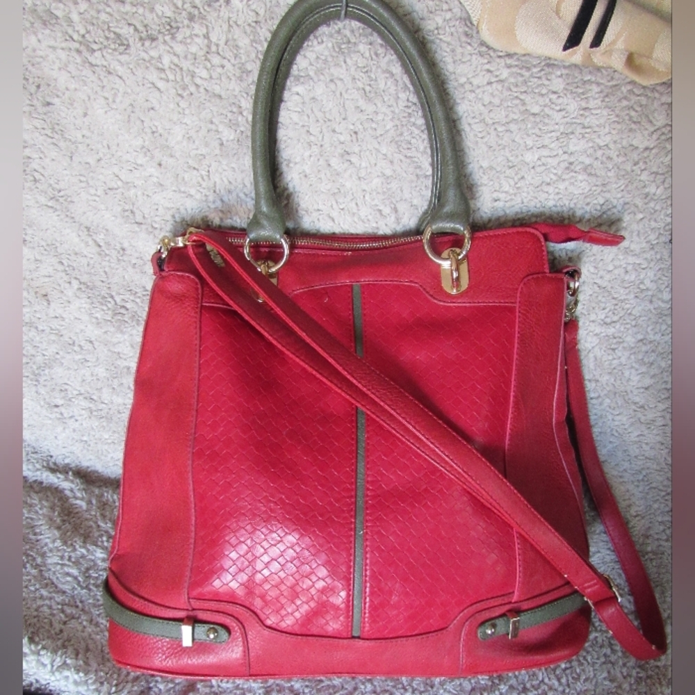 Segolene Paris Red Top Handle Purse Crossbody Bag embossed weaving pattern